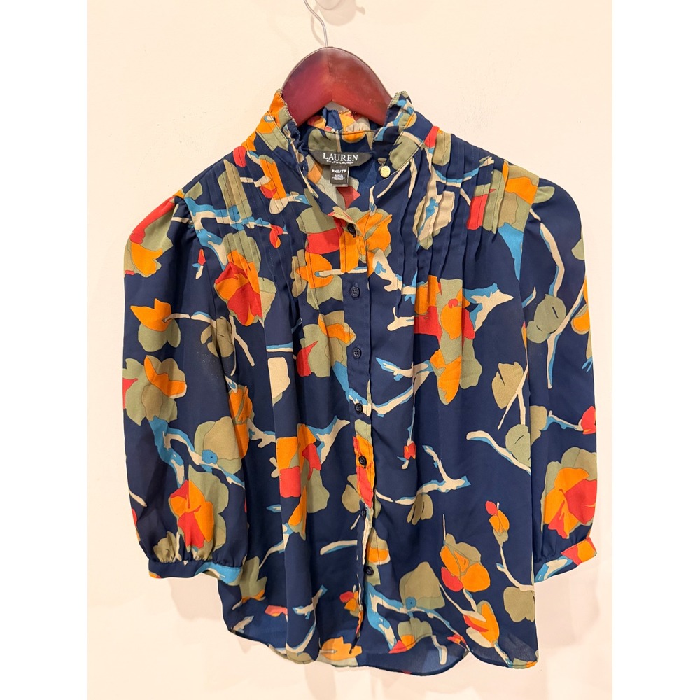 Lauren Ralph‎ Lauren Floral Ruffle Neck Pleated Blouse Navy Orange PXS Petite